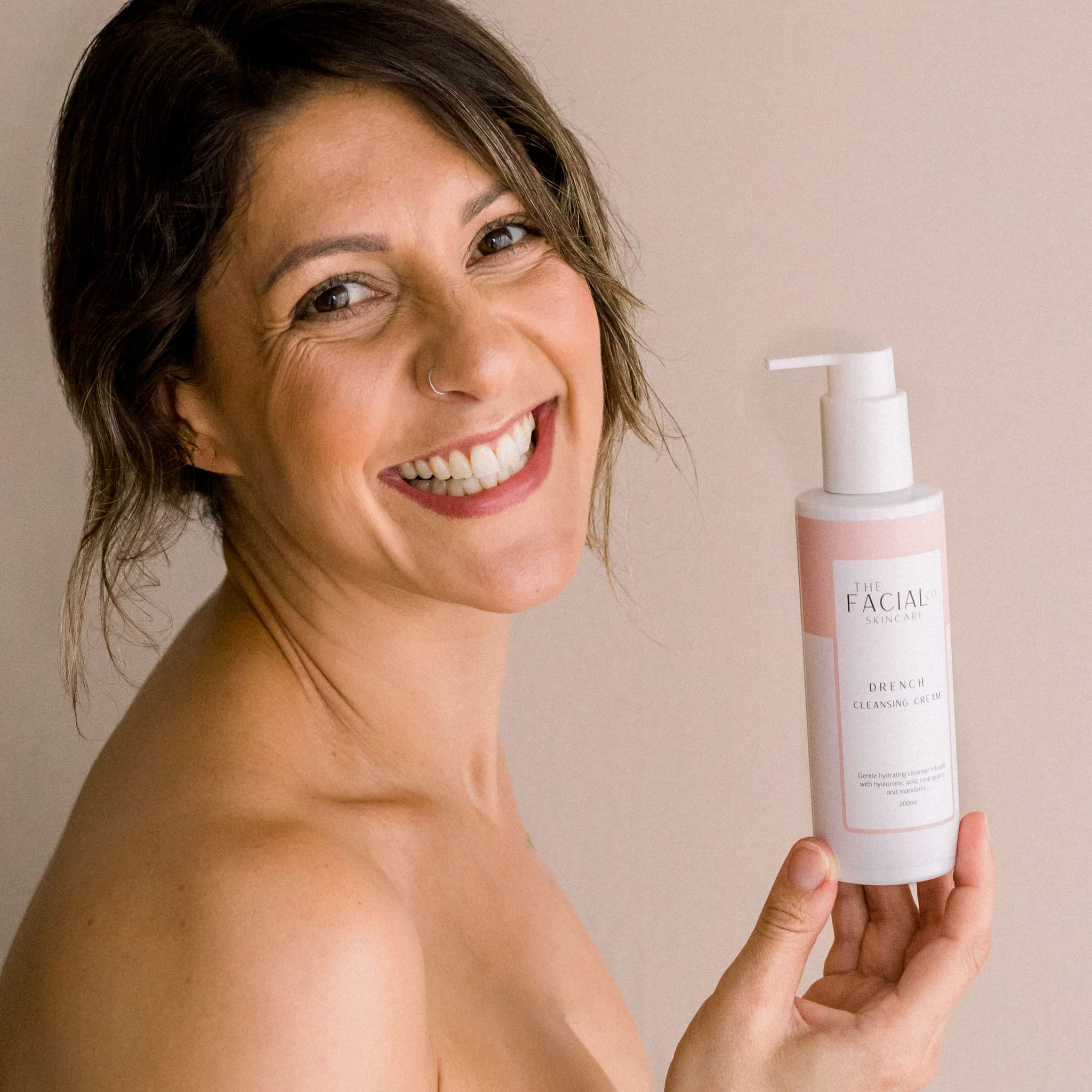Customer with Drench Cleansing Cream. She loves that Drench Cream Cleanser, soothes, brightens and hydrates skin, Infused with hyaluronic acid. Skincare for sensitive skin. Anti-ageing, fine lines, Natural, vegan and cruelty-free skincare. Breastfeeding friendly, pregnancy safe. Cleanser for sensitive skin.